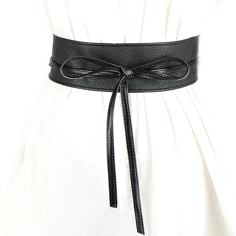 Luxurious & Fashionable Wide Belt for Ladies PU Soft Leather with Black Knotted Waist Seal Simple Style Accessory for Girls