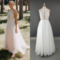 12616#Real Photos A-Line Beach Wedding Dress for Engagement Party Halter Neck Lace Appliques Illusion Backless Bridal Gown