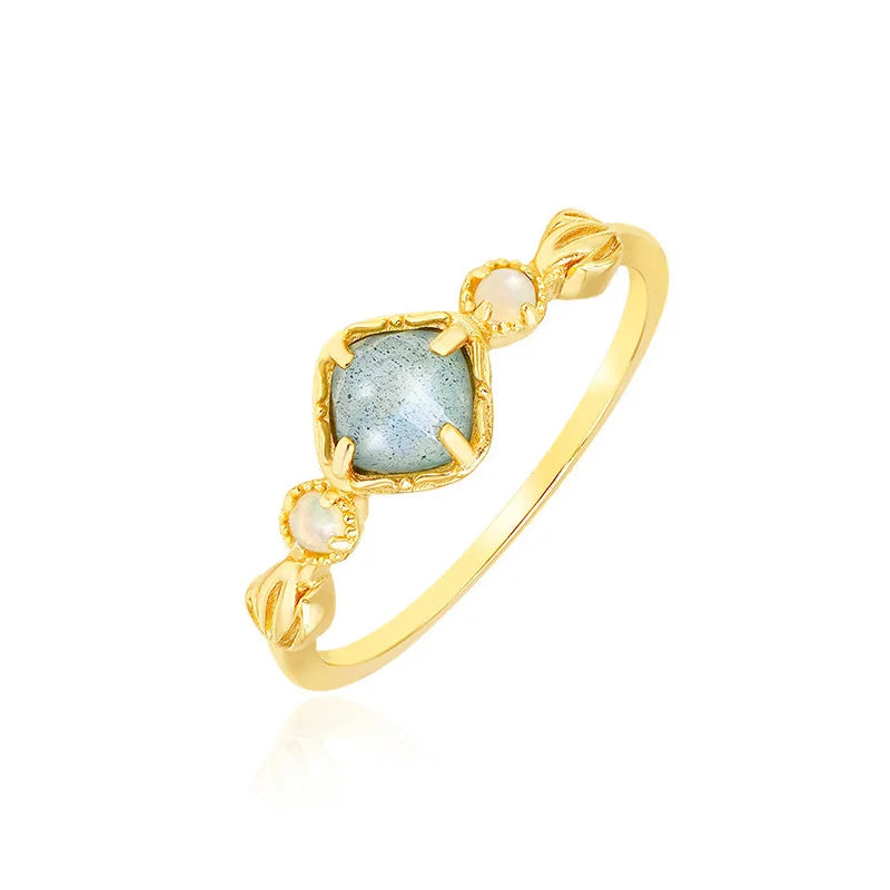 Natural Labradorite Gemstone Ring for Women 925 Sterling Silver Gold Plated Vintage Style Wedding Engagement Party Jewelry