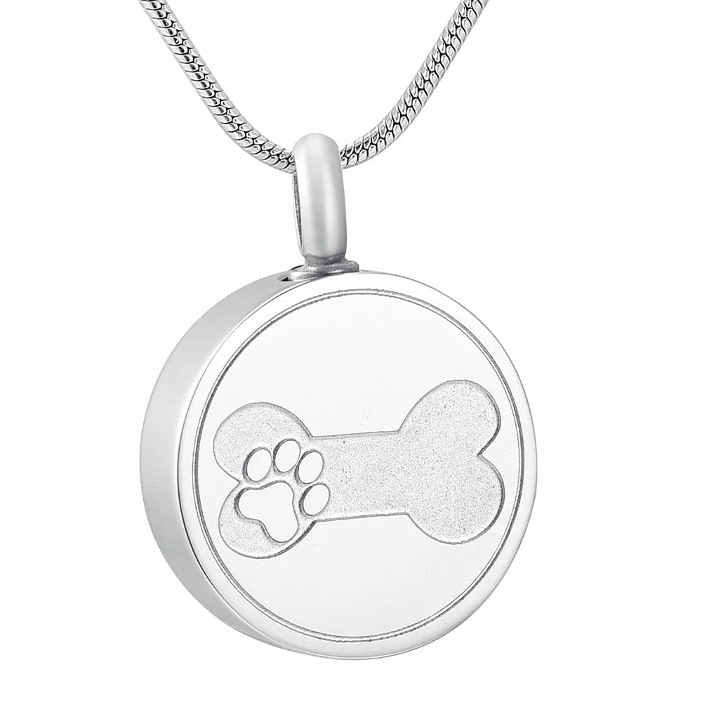 Vintage Silver Plated Stainless Steel Urn Jewelry Etching Paw Print Dog & Cat Cremation Pendant Ashes Holder Necklace