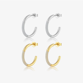 FUAMAY 925 Sterling Silver Large Earrings Simple 15MM 25MM C Shape Pave Hoop Earrings