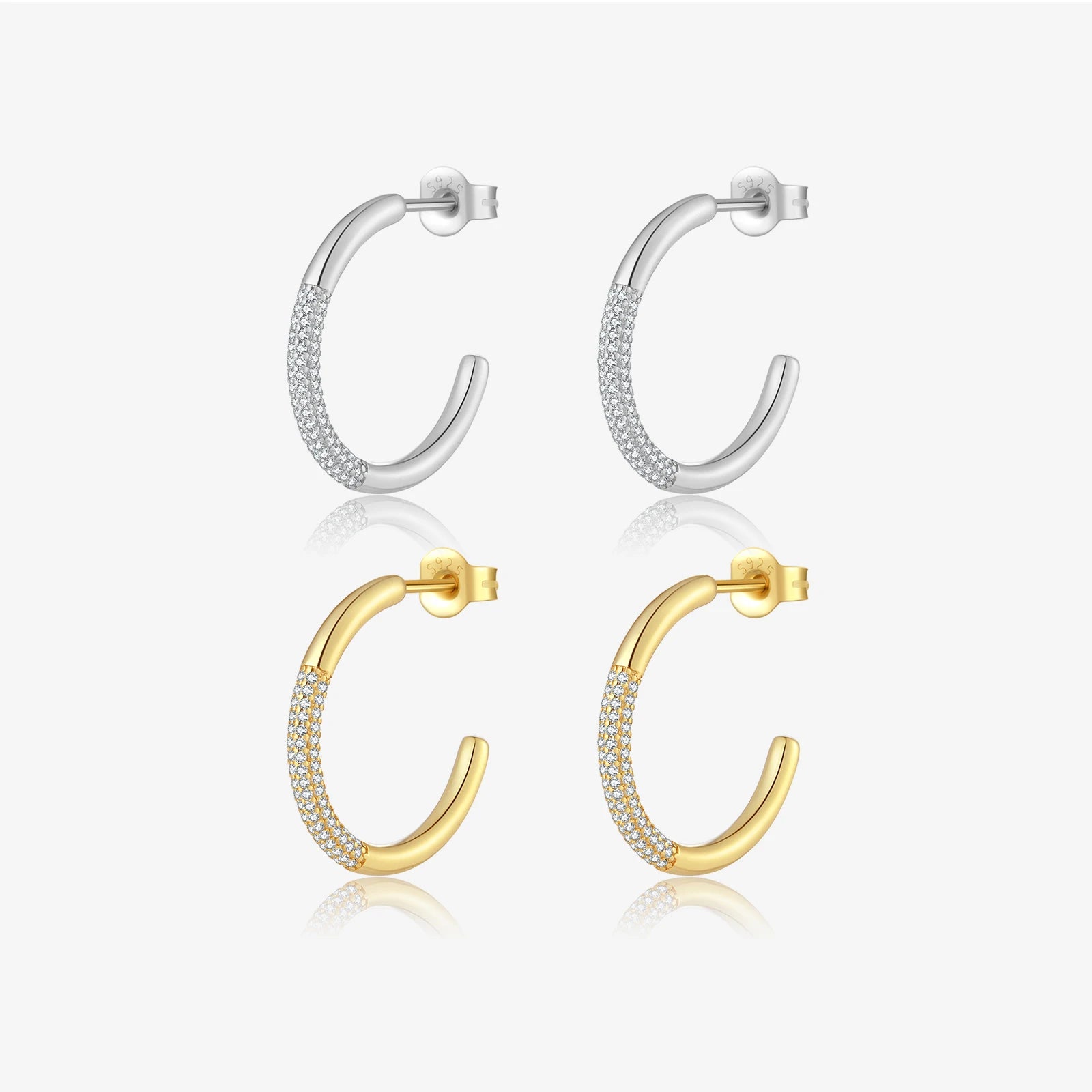 FUAMAY 925 Sterling Silver Large Earrings Simple 15MM 25MM C Shape Pave Hoop Earrings