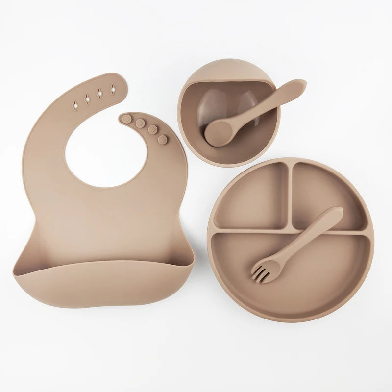 Wholesale Feeding Set Silicone Baby Bib Suction Plate Bowl Wooden Spoon and Fork MegaBDM