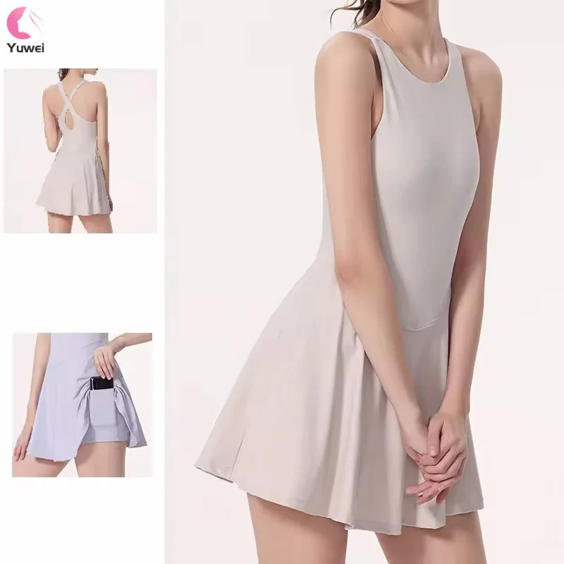 Womens Sleeveless 2-in-1 Athletic Tennis Golf Dress Underneath Workout Active Dresses With Built-in Shorts Pocket Tennis Dress