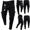Fashion Hip Hop Streetwear Skinny Jeans Men Multi Pockets Black Jeans Denim Trousers Pants for Men