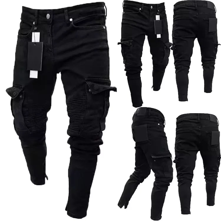 Fashion Hip Hop Streetwear Skinny Jeans Men Multi Pockets Black Jeans Denim Trousers Pants for Men