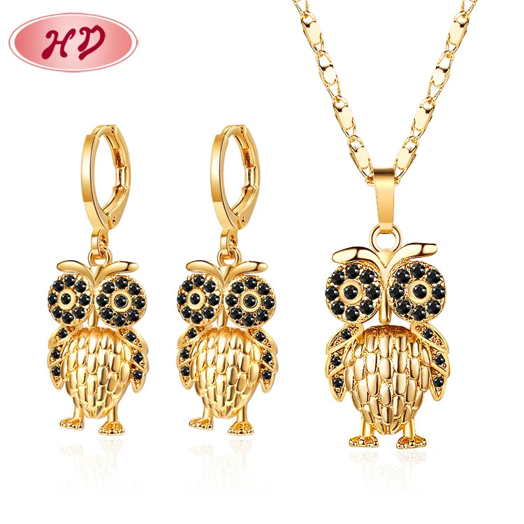 18K Gold Jewelry Plated Cute Owl Plated Brass Fashion Jewelry Earrings and Necklaces Jewelry Sets
