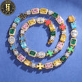High Quality Party Jewelry Baguette Colorful CZ Diamond Necklace 10mm Emanel Plated Cross Zircon Fashion Design Link Chain