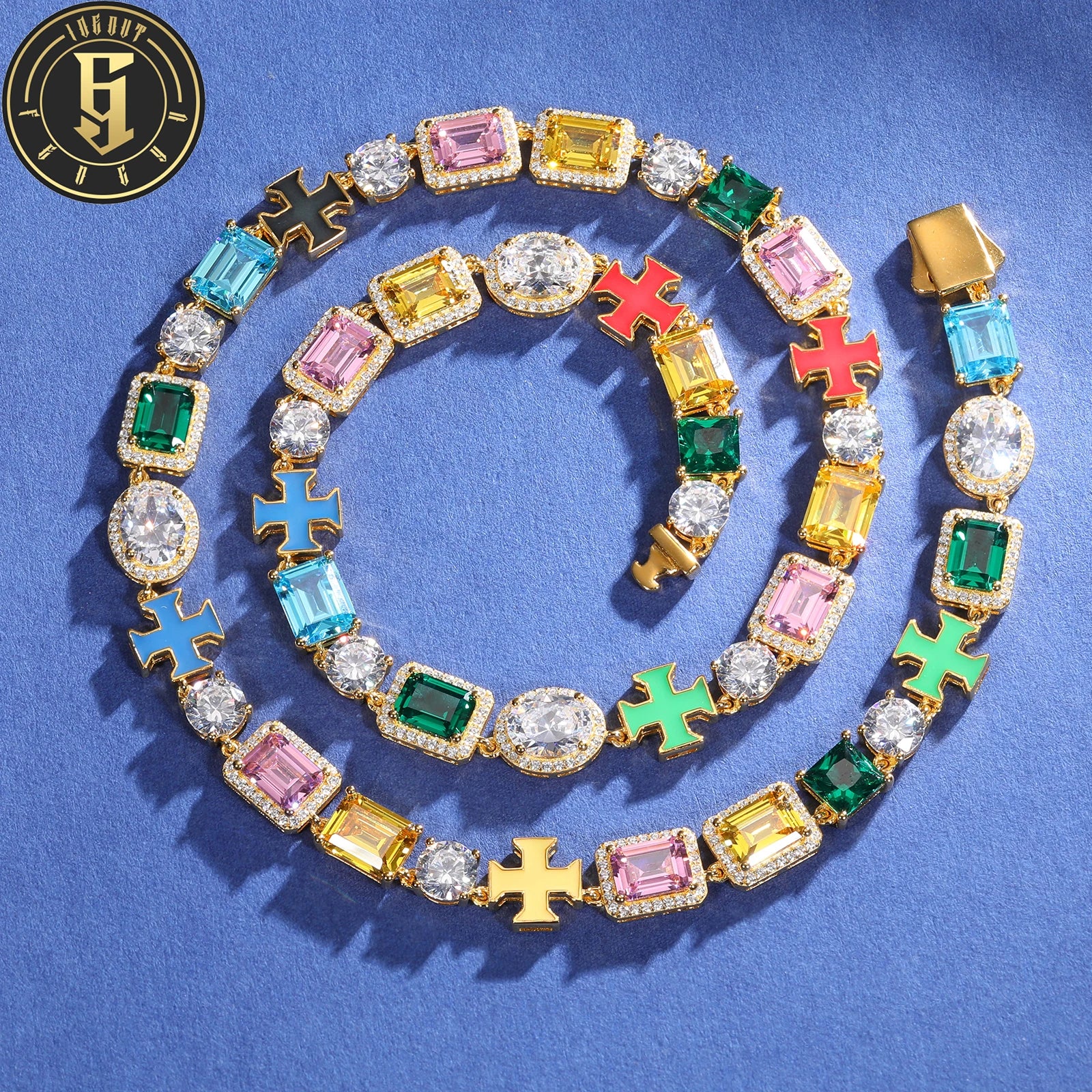 High Quality Party Jewelry Baguette Colorful CZ Diamond Necklace 10mm Emanel Plated Cross Zircon Fashion Design Link Chain