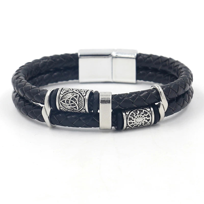 Viking Norse Runes Amulet Double Layer Braided Leather Men Bracelet Alloy Trendy Punk Bangle Male Party Jewelry