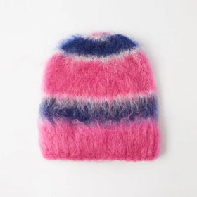 Custom Logo Jacquard Knit Winter Block Stripe Fluffy Fuzzy Knitted Warm Thermal Striped Mohair Beanie Hat Set