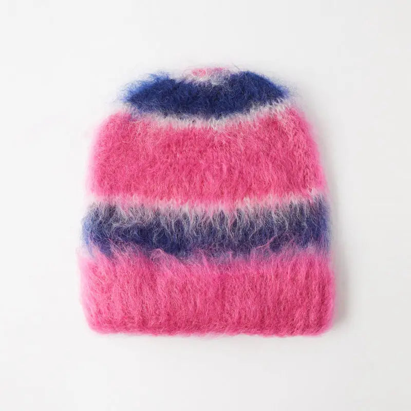 Custom Logo Jacquard Knit Winter Block Stripe Fluffy Fuzzy Knitted Warm Thermal Striped Mohair Beanie Hat Set
