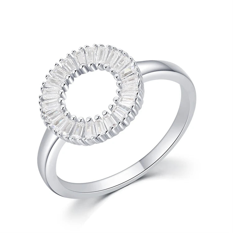 Delicate Iced Out 925 Sterling Silver Hollow Round Shape Baguette Cubic Zirconia Diamond Ring for Women Girls