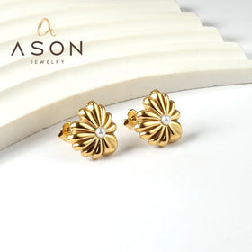 Ason Fashion Jewelry Stainless Steel 18K Gold Plated Classy Ladies Jewelries and Earing Women Pearl Daisy Flowers Stud Earrings