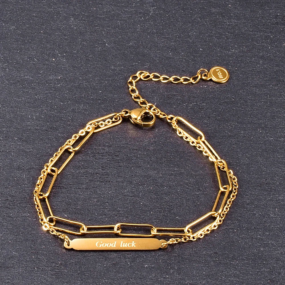 Handmade Hiphop 316L Stainless Steel Multilayered Bracelet Engraved Good Luck Link Chain Bracelet Mother's Day Gift