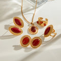 J&D New Year Design Vintage Stainless Steel 18K Gold Plated Oval Red Agate Earrings Necklaces Set