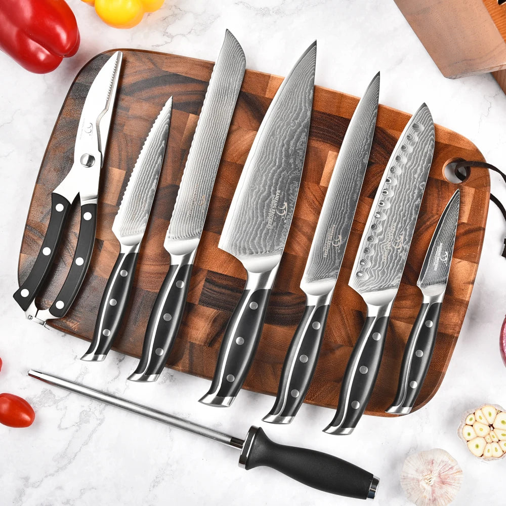 9 Pieces Luxury Damascus Steel Kitchen Cooking Knife Set with Sharpening Stick Shears