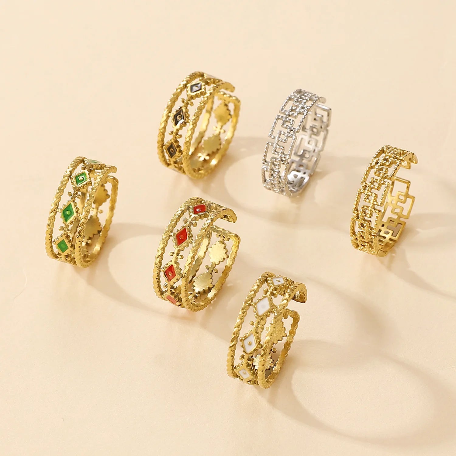 European and American Style Women's Chunky Big Vintage Stainless Steel 18k Gold Unique Geemetric Shapes Sea Pvd Plating Ring
