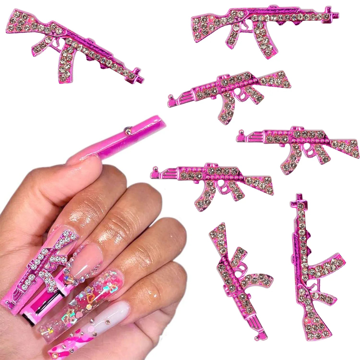 Luxury Pink Gun Nail Charms Crystal Manicure 3D Jewelry Nail Art Decorate Nail Rhinestones Salon
