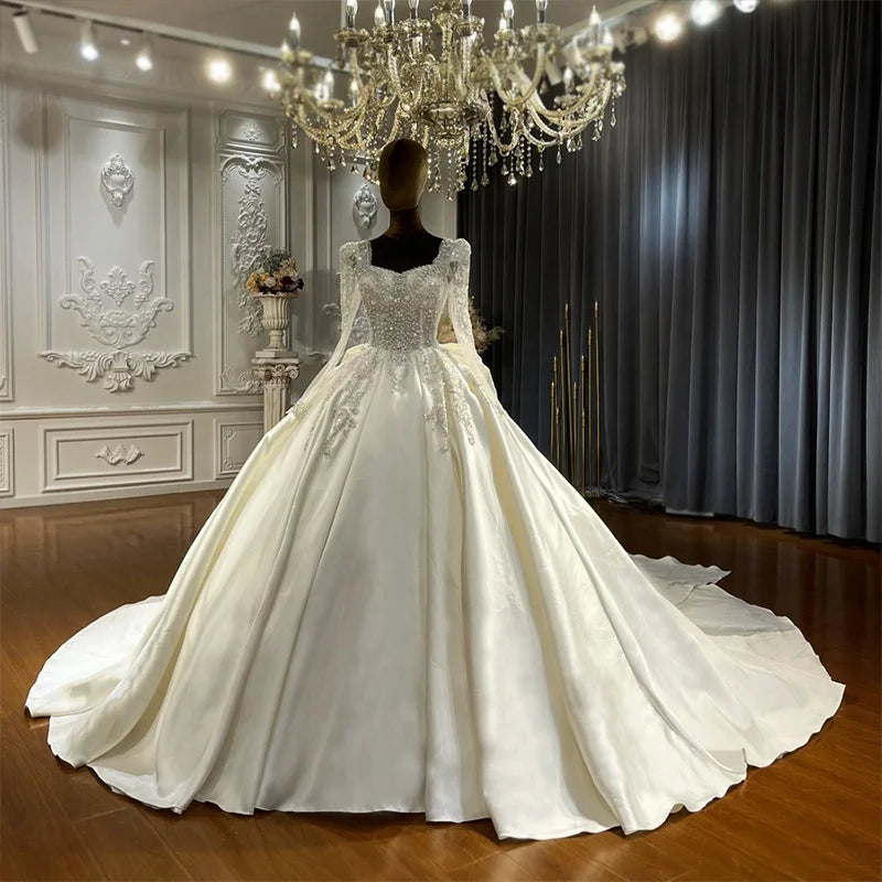 Jancember CJ067 Square Collar Satin and Beaded Ball Gown Wedding Dresses for Women
