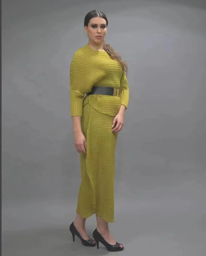 Recommend Miyake Pleated Two Piece Set Plus Size Women's Clothing Casual Dresses Polyester Elastane Dresses