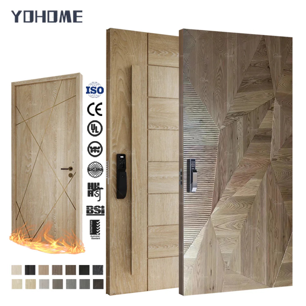 Yohome Sound Insulation Waterproof Exterior Front Main Entry Solid Core Design Modern Pivot Wooden External Doors for Houses