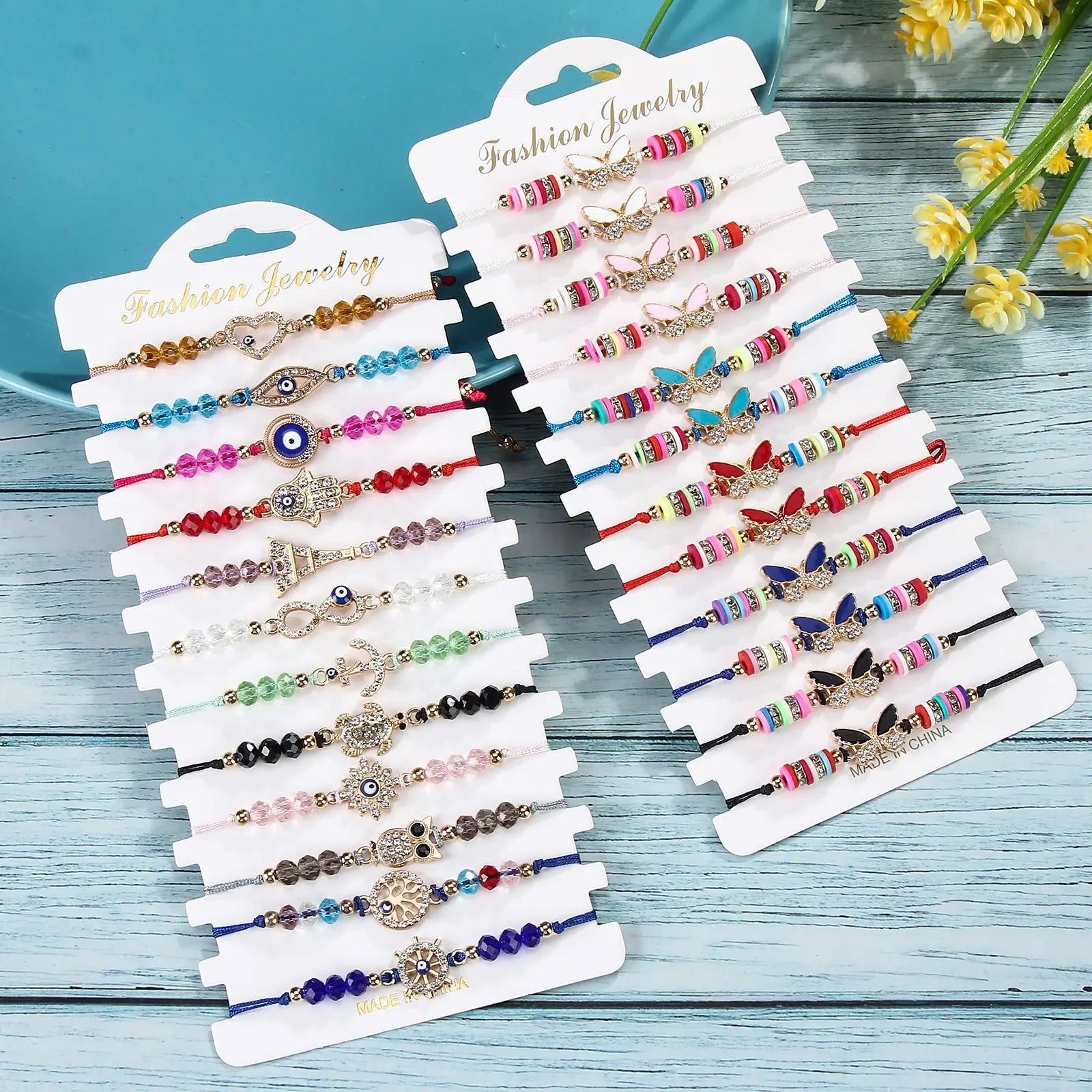 Unisex 12 Pcs Turkish Eyes Crystal Beaded Butterfly Bohemian Soft Clay Adjustable Bracelet Bangle