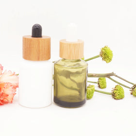 1oz Sloping Shoulder Olive Green White Porcelain 30ml Glass Dropper Bottle with Dark Wooden Texture Lid