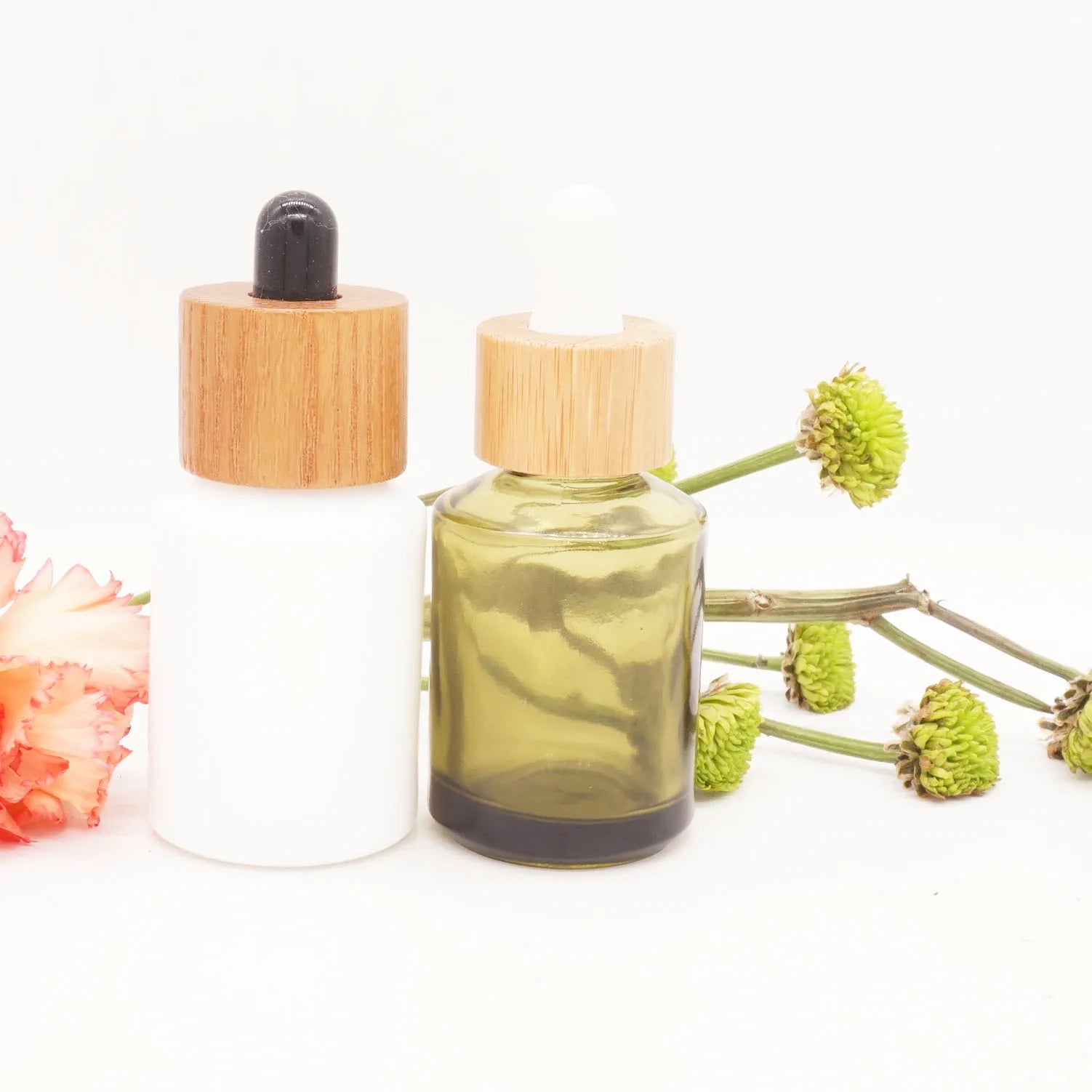 1oz Sloping Shoulder Olive Green White Porcelain 30ml Glass Dropper Bottle with Dark Wooden Texture Lid