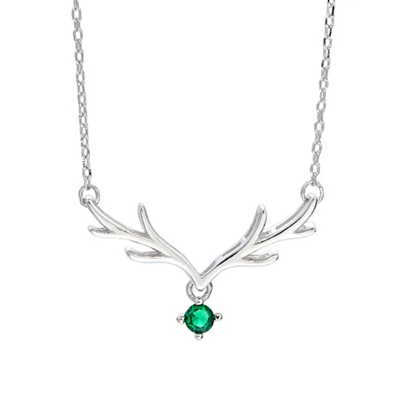 Fashion Fine Pendant Necklaces 925 Sterling Silver Christmas Reindeer Antlers Necklace Green Zircon Gold Plated Necklace Women