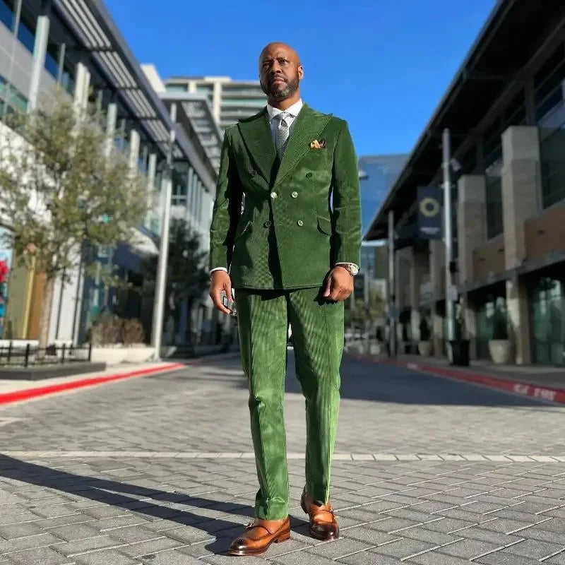 Men's Suits Green Corduroy for Men 2 Pieces Double Breasted Peaked Lapel Blazer Sets Business Office Wedding Party Mens Clothes
