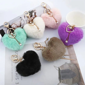 Promotional Cute Pearl Heart Plush Keychain Faux Fur PomPom Pearl Key Chains for Purse Bag Car Charms Heart Keycharm Accessories