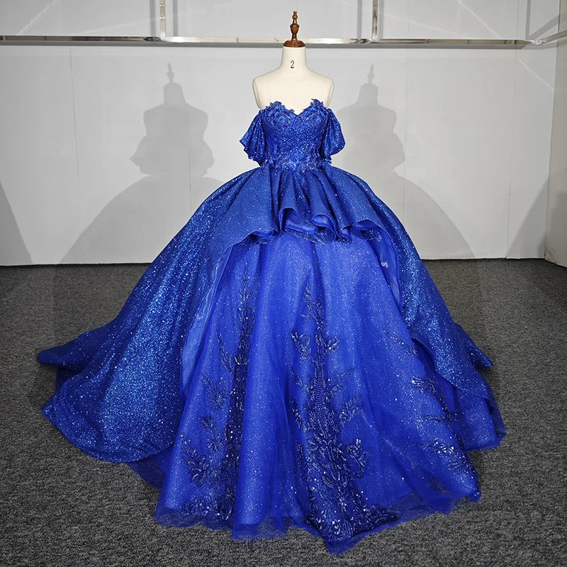 Jancember 9995 Luxury Off Shoulder Blue Flower Shiny Evening Ball Gown Quinceanera Dresses