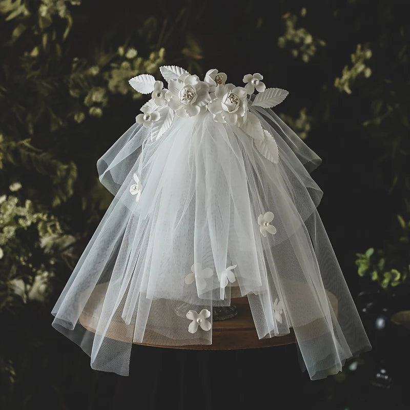 High Quality White Flower Short Wedding Veil Luxurious Layered Tulle Bridal Veils With Comb for Bride 2024 Wedding Accessories