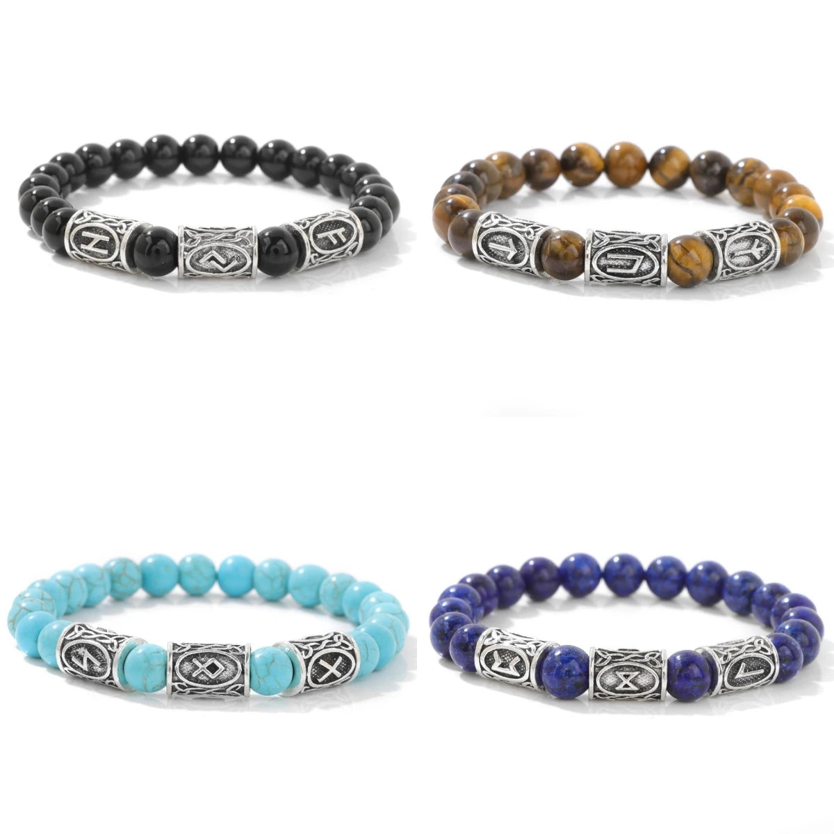 Viking Rune Stone Beads - Retro Tiger Eye Amethyst & Turquoise Stretch Beads Bracelet for Unisex