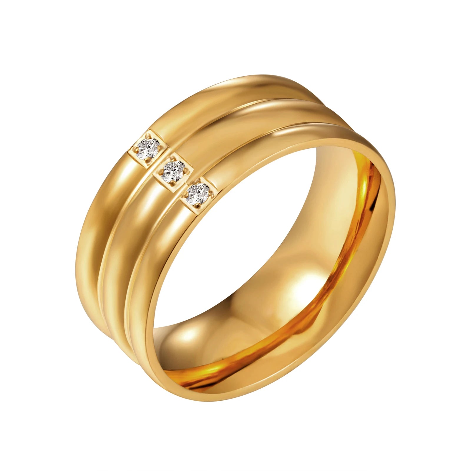 Trendy Wide Band Gold Color CZ Rings for Women Men High Quality Stainless Steel Simple Wedding Party Elegant Jewelry Gifts