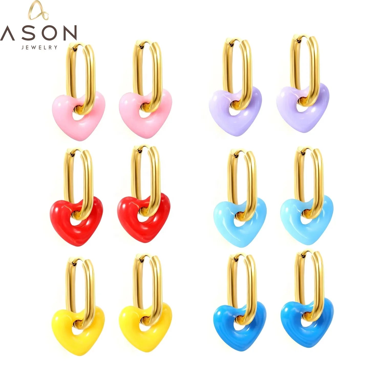 Ason New Design Jewelry Heart Shape  Hoop Earrings 316 Stainless Steel  18K Gold Plated Colourful Cute  Earring  for Girls