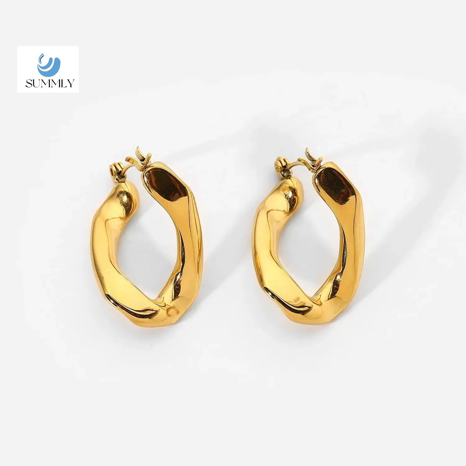 SUMMLY Stainless Steel Jewelry Personalized Logo 18k Gold Plated Special-Shape Flat U-Shaped Hoop Earrings