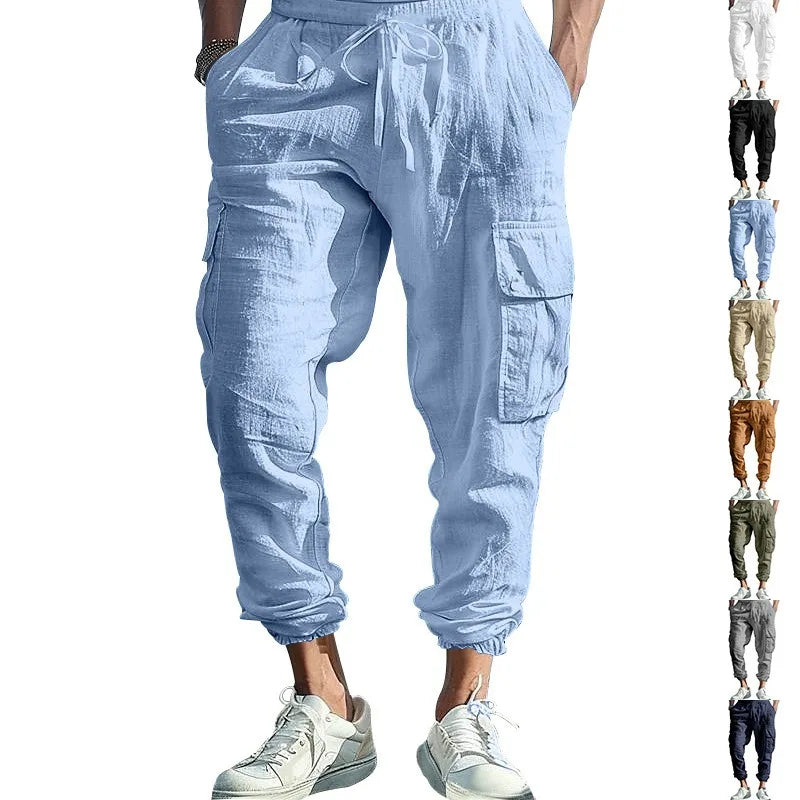 Custom Outdoor Casual Linen/Cotton Men's Cargo Sport Joggers Trousers-Breathable & Quick Dry Mid Waist Straight Fit
