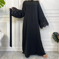 Dubai Muslim Tradition Clothing Middle East Turkey Islamic Women's Solid Flower Lace Flare Long Sleeve Abaya Belted Dress
