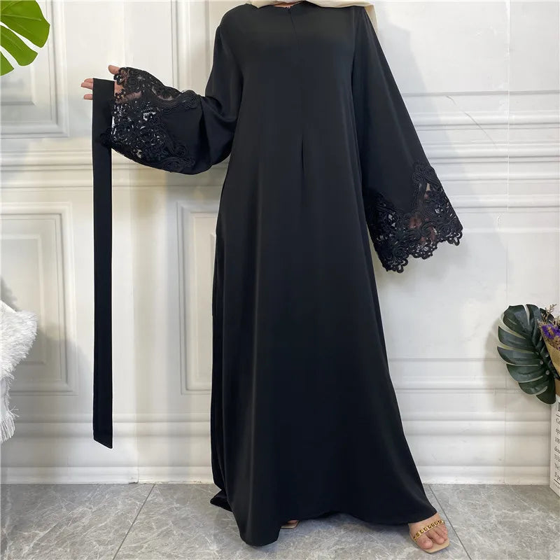 Dubai Muslim Tradition Clothing Middle East Turkey Islamic Women's Solid Flower Lace Flare Long Sleeve Abaya Belted Dress