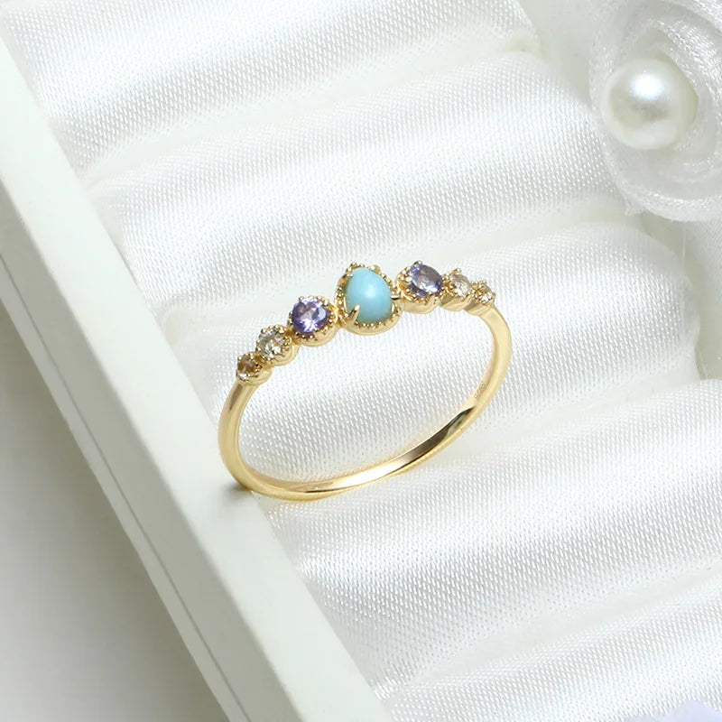 925 Sterling Silver Ring for Women Sea Pattern Larimar Tanzanite White Topaz Gemstone Gold Plated Fine Jewelry