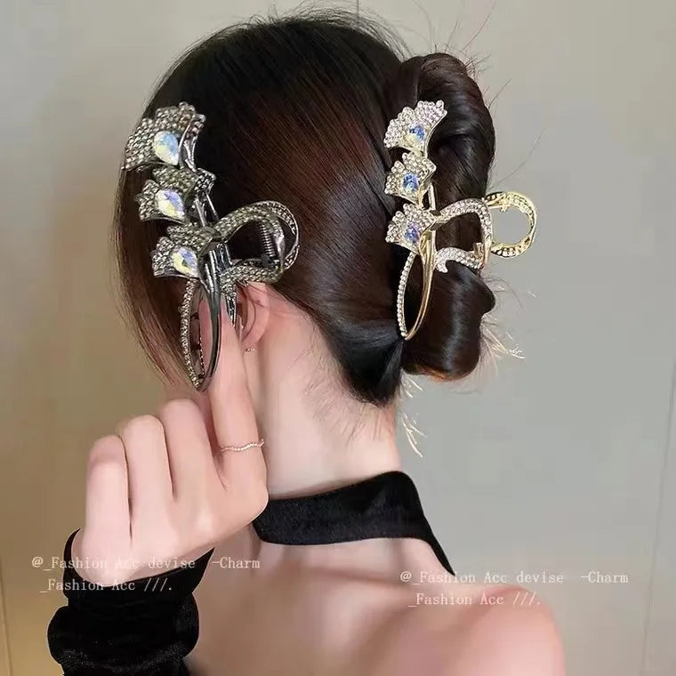 Light Luxury Style Full Diamond Crystal Ginkgo Leaves Hair Claw Hairpins Big Hair Clip Accessories Hairpins Women Hair Clips