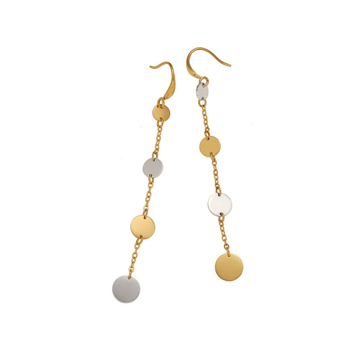 Fashion Long Earrings Gold Plated Stainless Steel Round Charm Link Chain Tassel Earrings Women