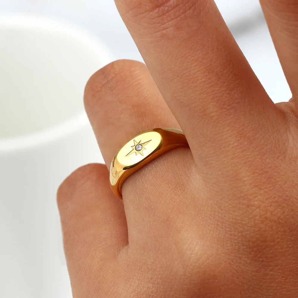 Wholesale Custom Stainless Steel 18K Gold Plated Ring Personalized Oval Star Diamond Ring for Women
