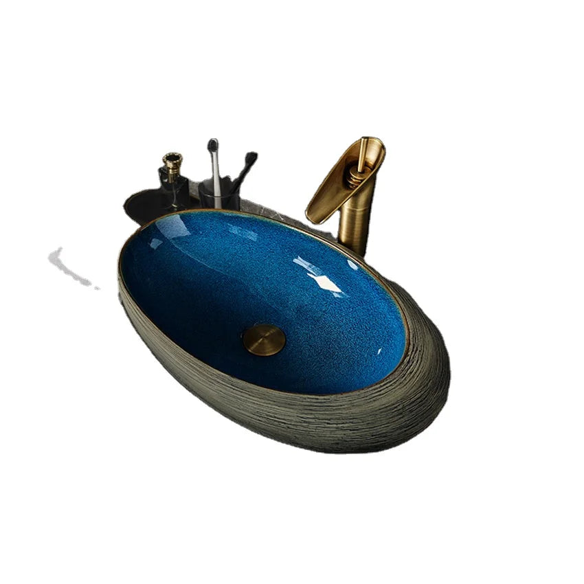 China Color Glazed Grey Blue Eco-Friendly Water Resistant 12L Capacity Countertop Ceramic Oval Bathroom Face Washing Basin Sink