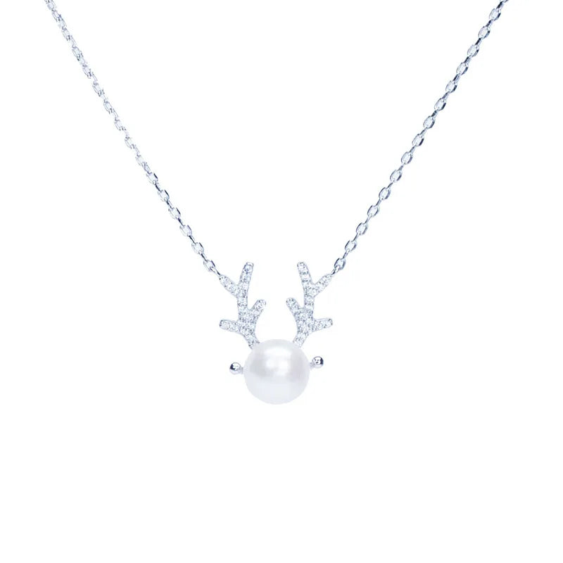 Reeti 925 Sterling Silver Elk Pearl Necklace for Women Adjustable Clavicle Chain Necklace Jewelry Gifts