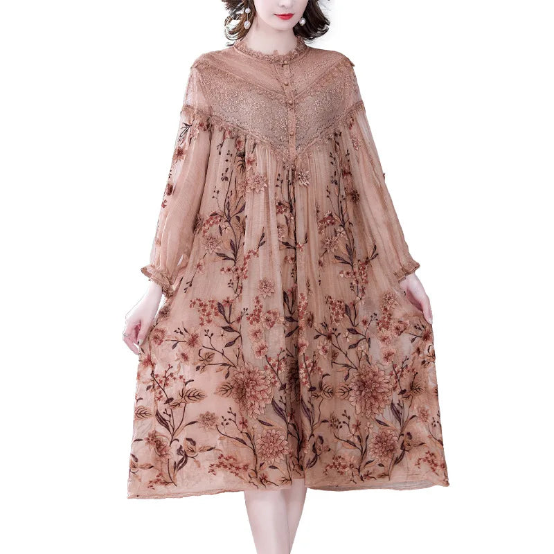 L-5XL Heavy Industry Embroidered Long Sleeve Large Size Dress Light Luxury Loose Casual Oversized Dress