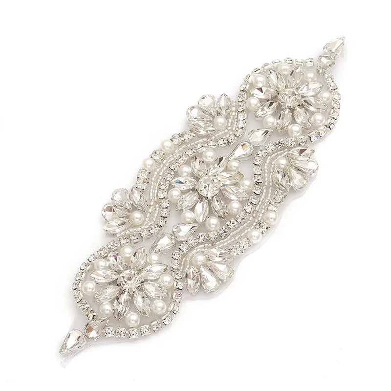 High Quality Sew-On Crystal Embroidery Applique Patch Bridal Bodice Pearl Bead Rhinestone Appliques Gold/Silver/Rose Gold 16x5cm