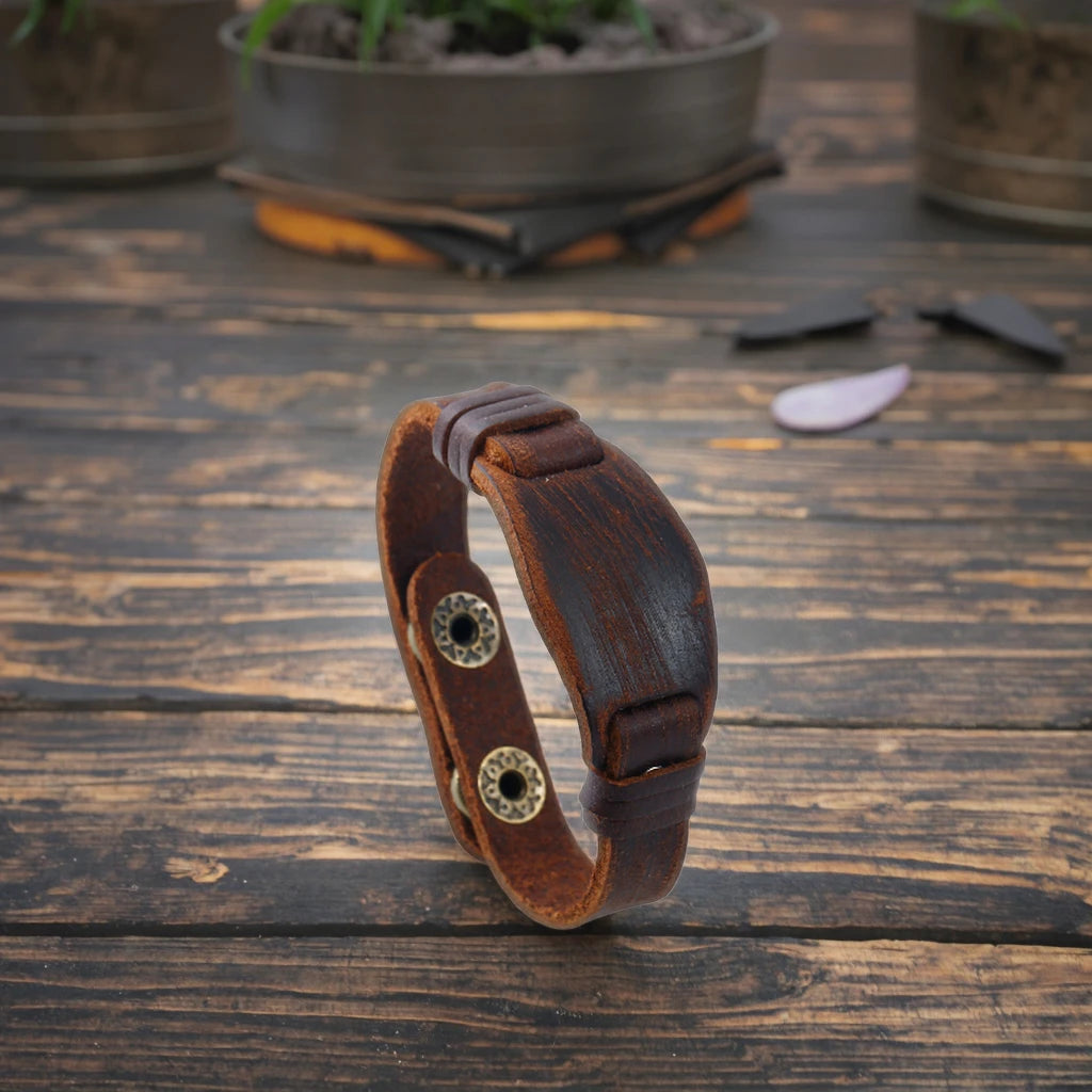 DPANCO European American Punk Brown Leather Wrap Cuff Bangle Personalized Fashionable Children's Geometric Anniversary Custom